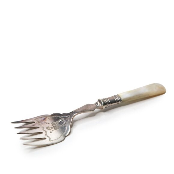 Antique Silver & Mother of Pearl Fish Sardine Fork Hallmarked  Edwardian Style - Picture 1 of 11